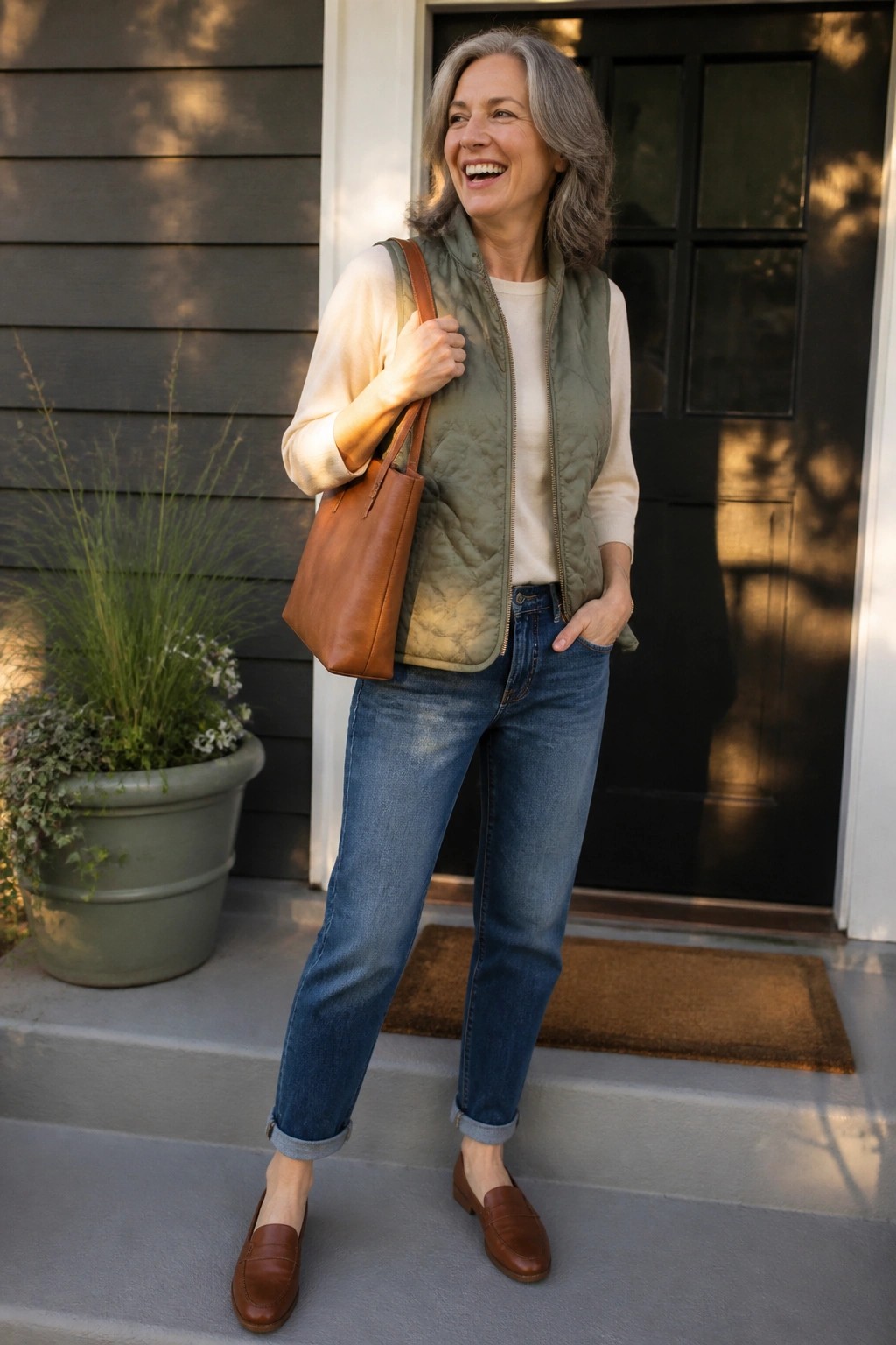 Smiling gray-haired woman in green quilted vest, jeans, and brown loafers with tote bag