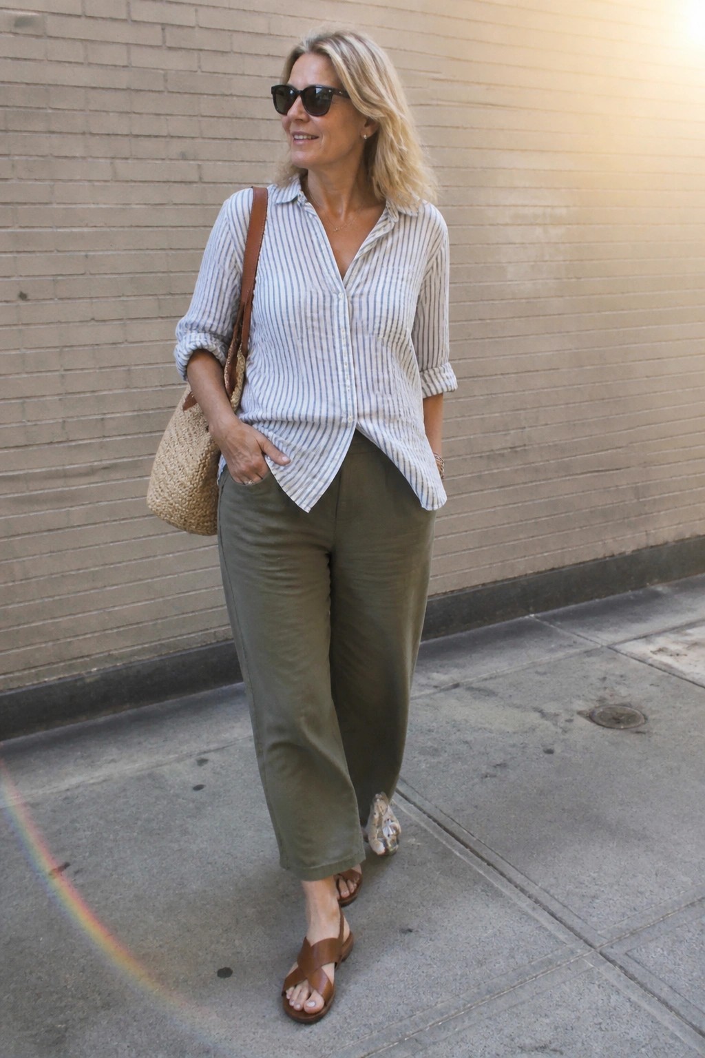 Blonde woman in striped shirt and olive pants carrying straw bag on sidewalk.