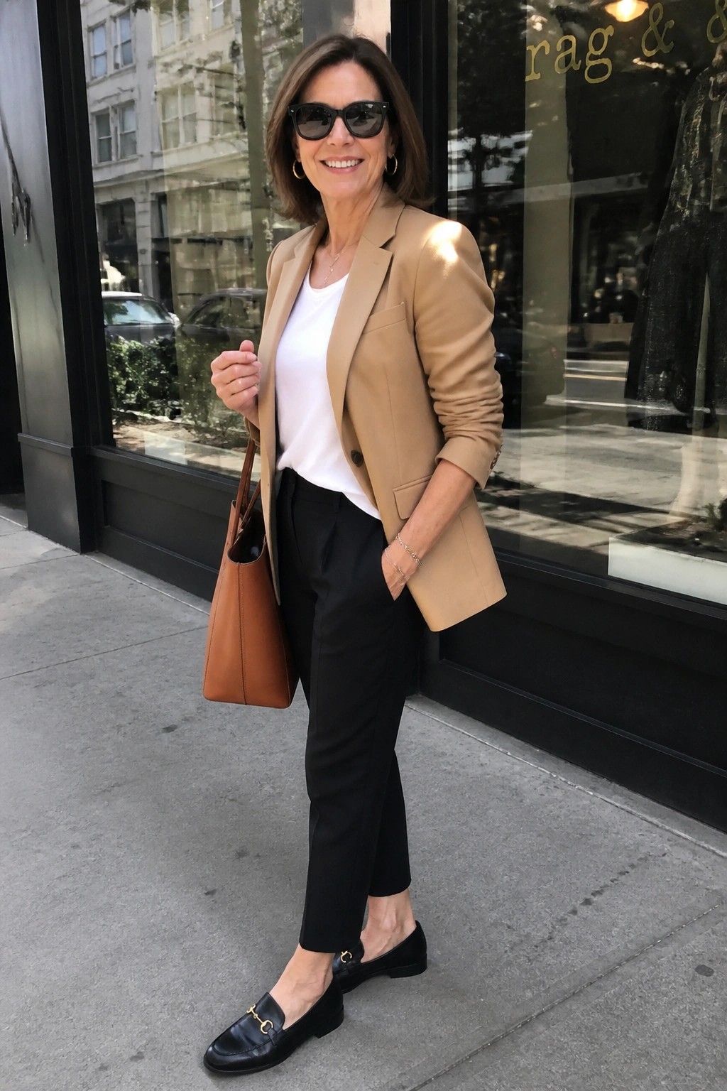 Woman in tan blazer, white top, black pants, holding brown tote on sidewalk