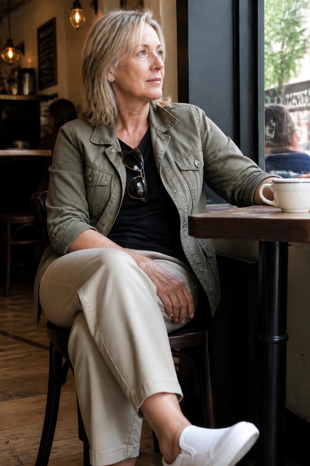 Blonde woman in green jacket and beige pants sits in cafe by window