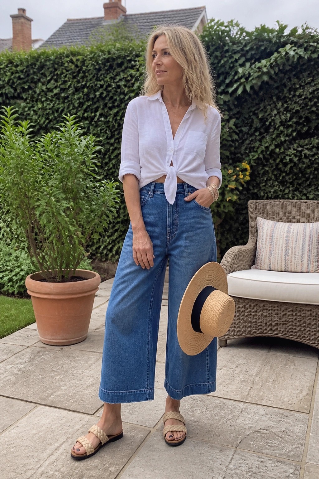 Blonde woman in tied white shirt and blue wide-leg jeans holding straw hat on patio