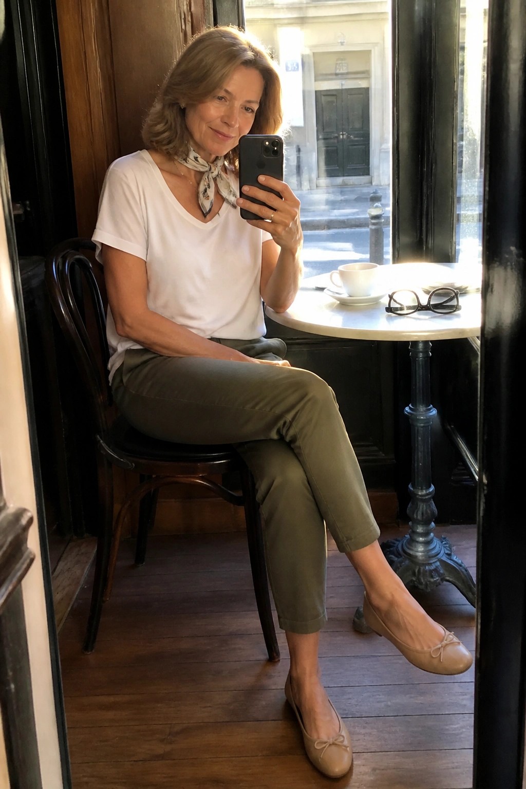 Woman in white top and green pants taking cafe selfie with coffee and glasses nearby