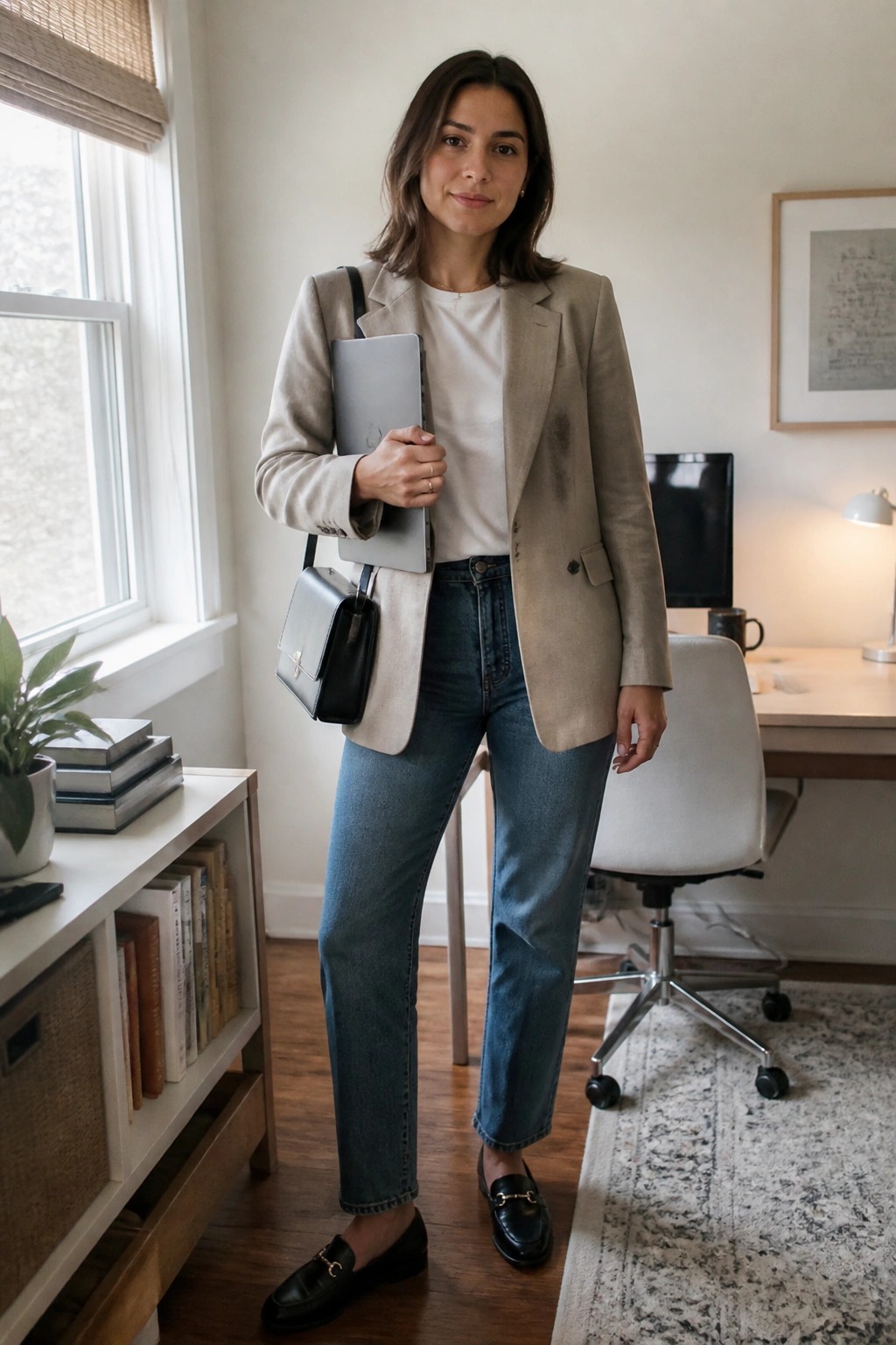Woman wearing a beige blazer over a white t-shirt with blue straight-leg jeans, black loafers, and a black crossbody bag while holding a laptop in an indoor office setting.