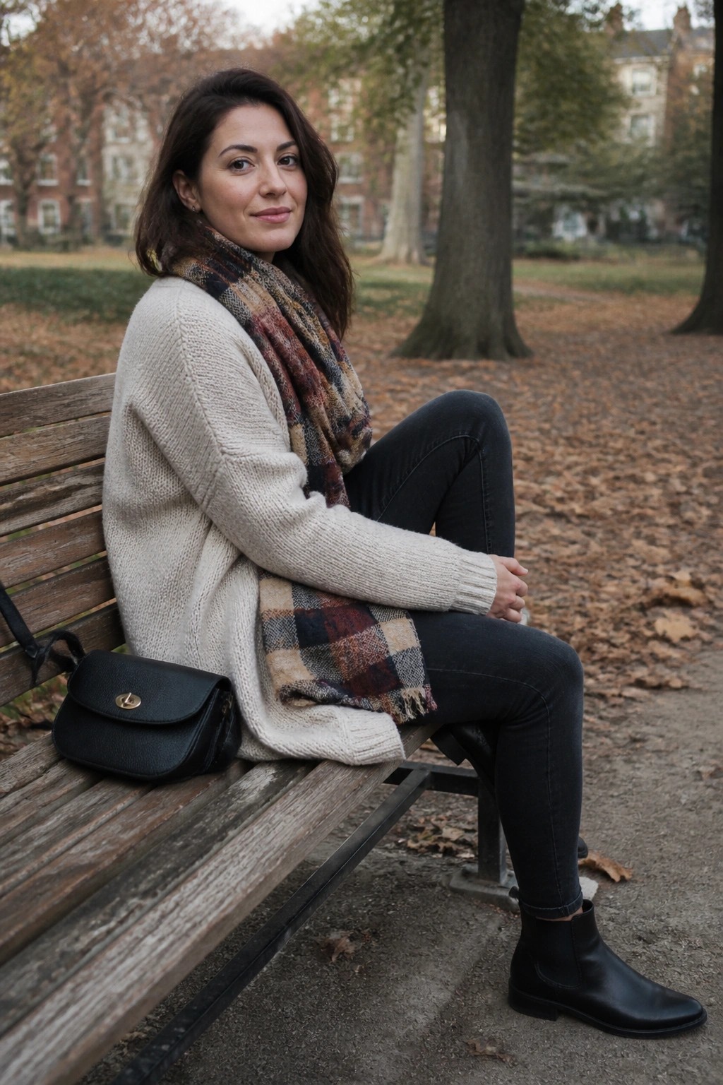 Woman in beige knit sweater and plaid scarf on autumn park bench with black bag