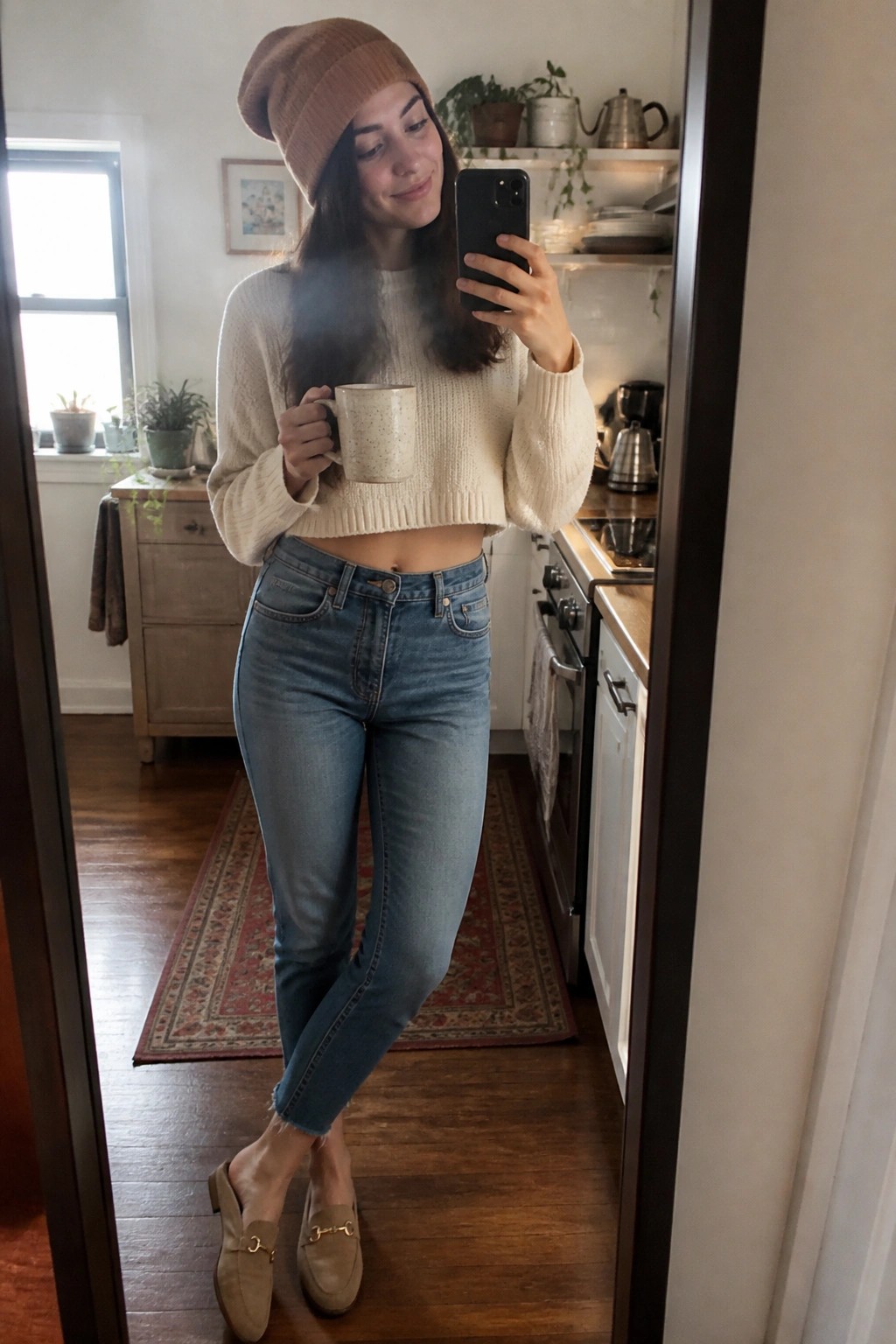 Woman taking a mirror selfie in a kitchen wearing a brown beanie, cream cropped knit sweater, blue slim jeans, and beige suede loafers while holding a mug and phone.