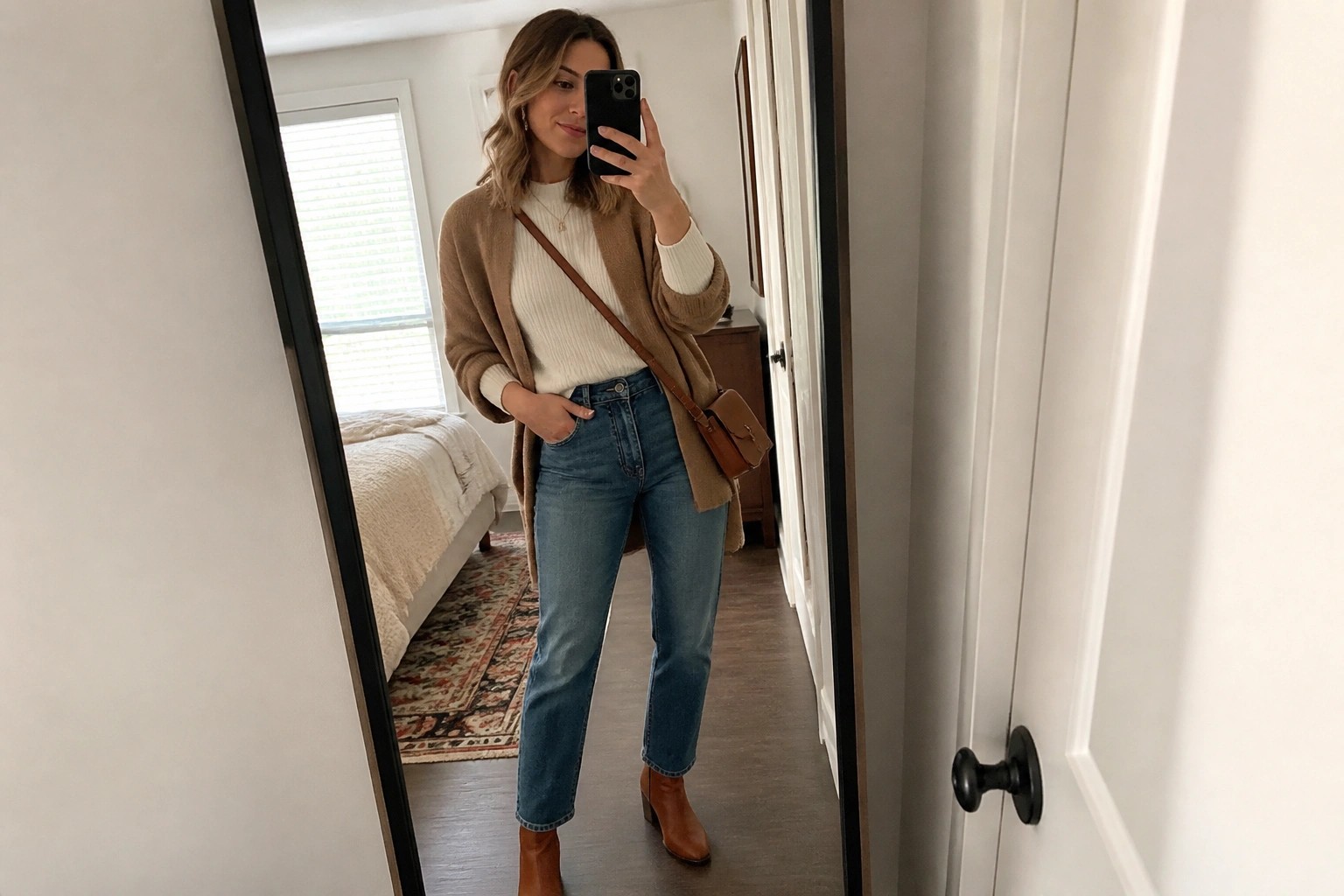 Woman in cream sweater and tan cardigan taking bedroom mirror selfie with phone.