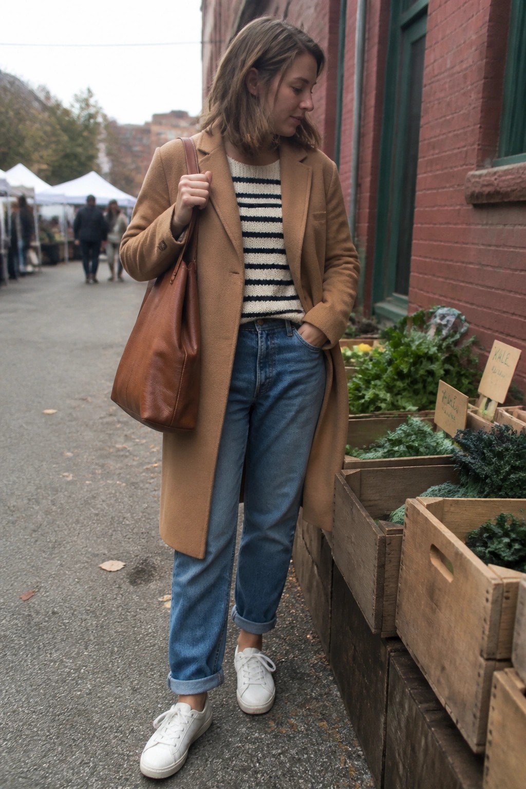 Woman in tan coat and striped sweater by kale crates at outdoor market