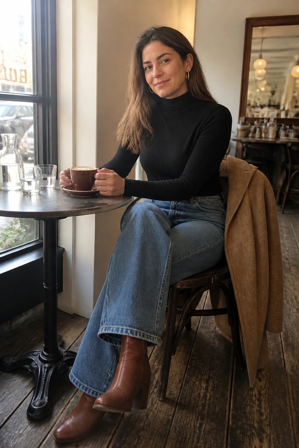 Woman in black turtleneck and jeans holding coffee at cafe table with coat nearby