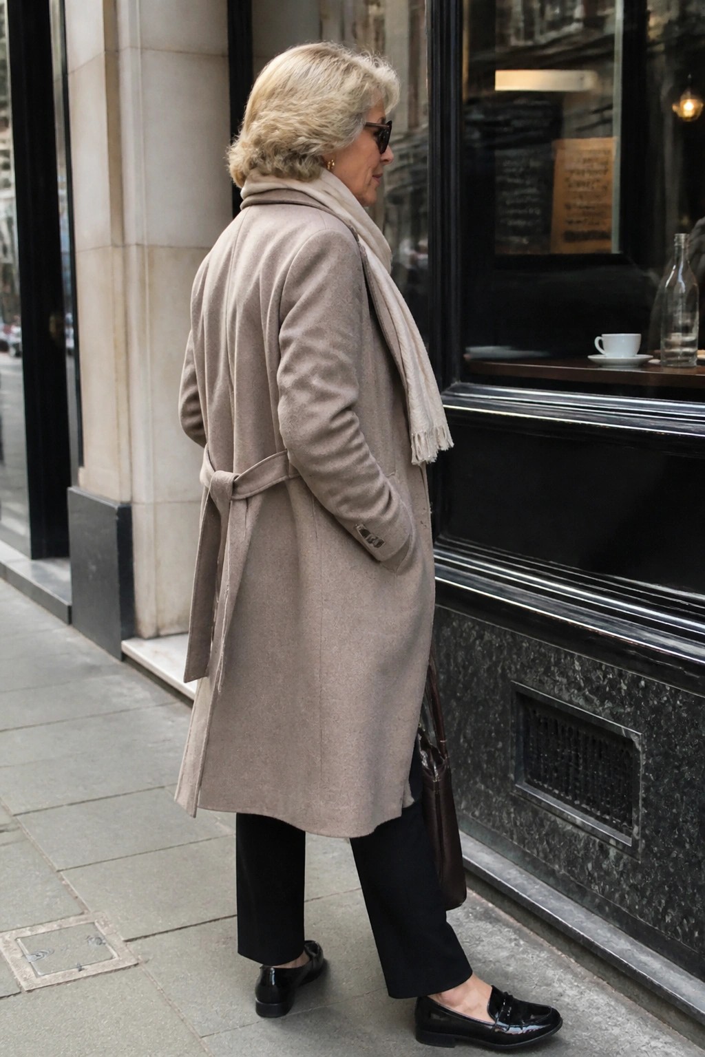 Woman in beige coat with scarf and black pants on sidewalk