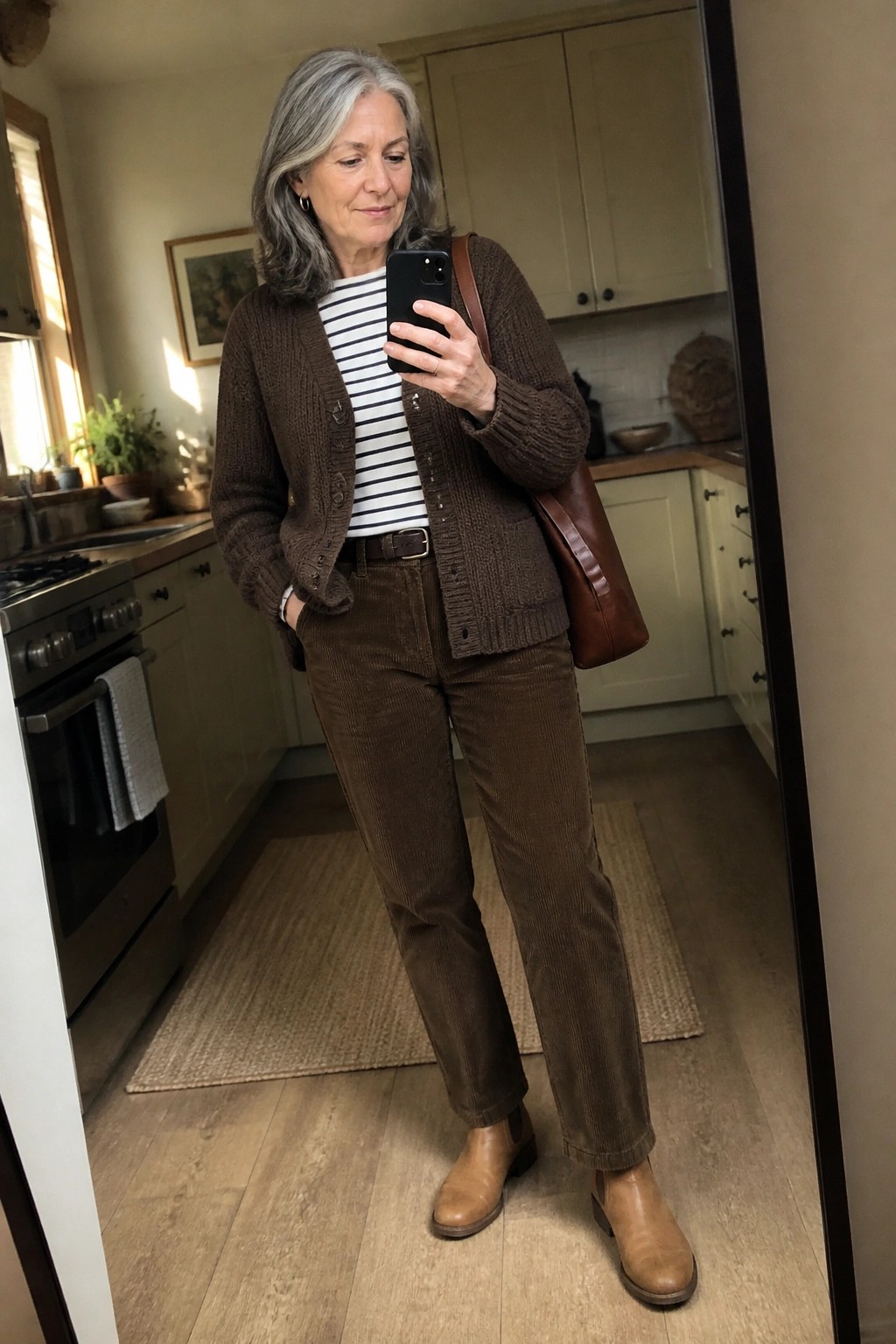 Woman with gray hair wearing a brown knit cardigan over a black and white striped top with brown corduroy pants tan ankle boots and a brown leather bag while taking a mirror selfie.
