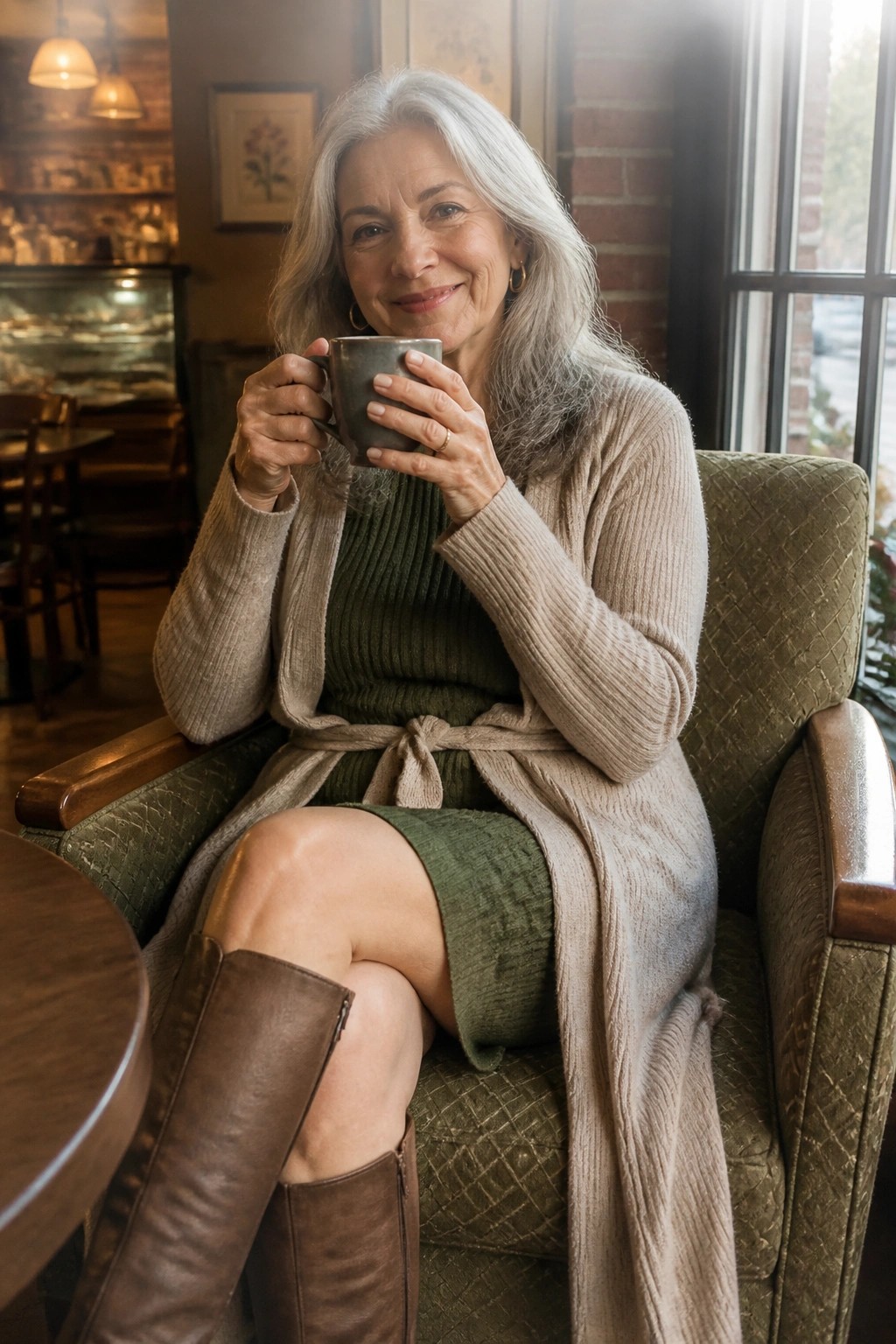 Woman with silver hair in a beige cardigan layered over an olive ribbed midi dress paired with brown knee high boots while holding a mug in a seated pose.