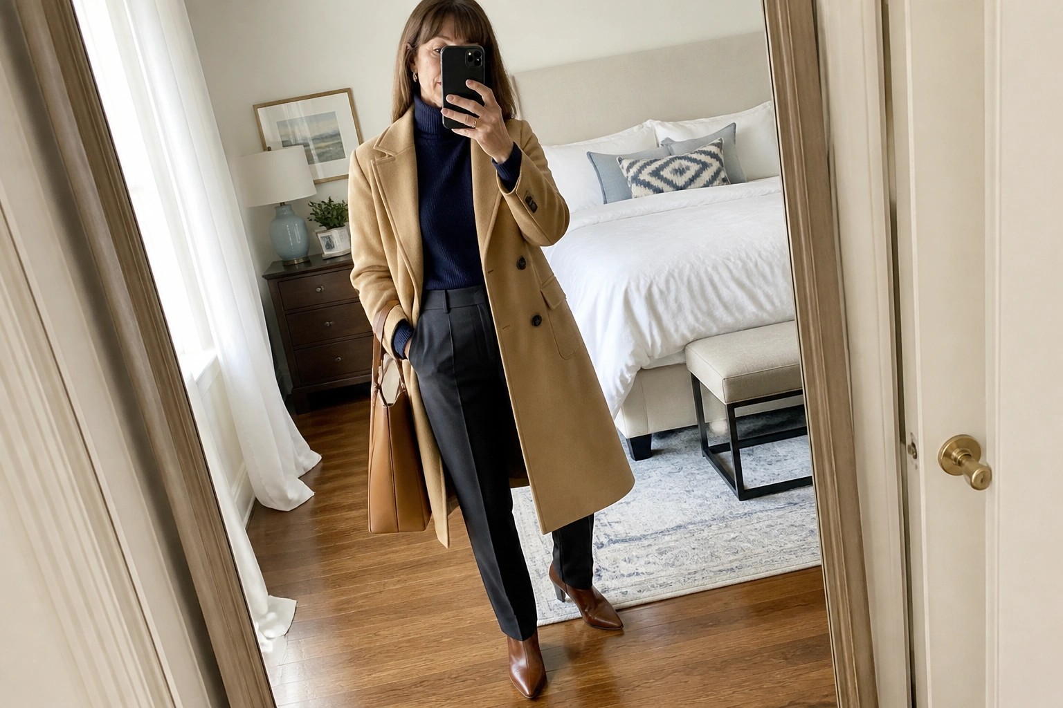 Woman over 60 wearing a long camel coat buttoned over a navy turtleneck and matching navy pants, paired with brown leather ankle boots and a matching brown tote bag, holding a phone for a mirror selfie in a bedroom setting.