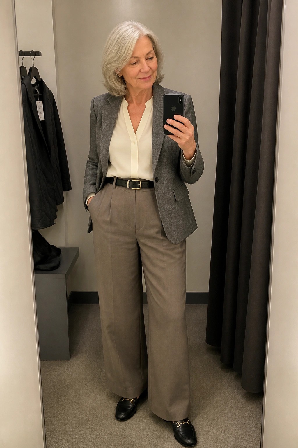 Silver-haired woman in gray blazer and wide trousers taking mirror selfie in fitting room.