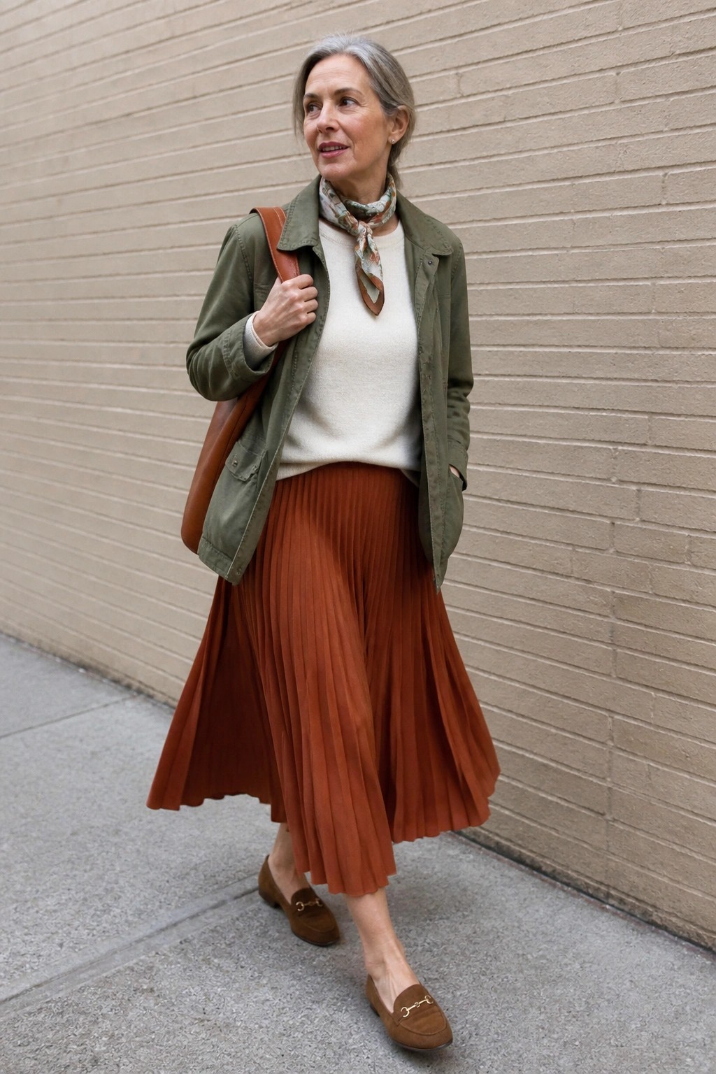 Gray-haired woman in green jacket, rust pleated skirt, and brown loafers by brick wall