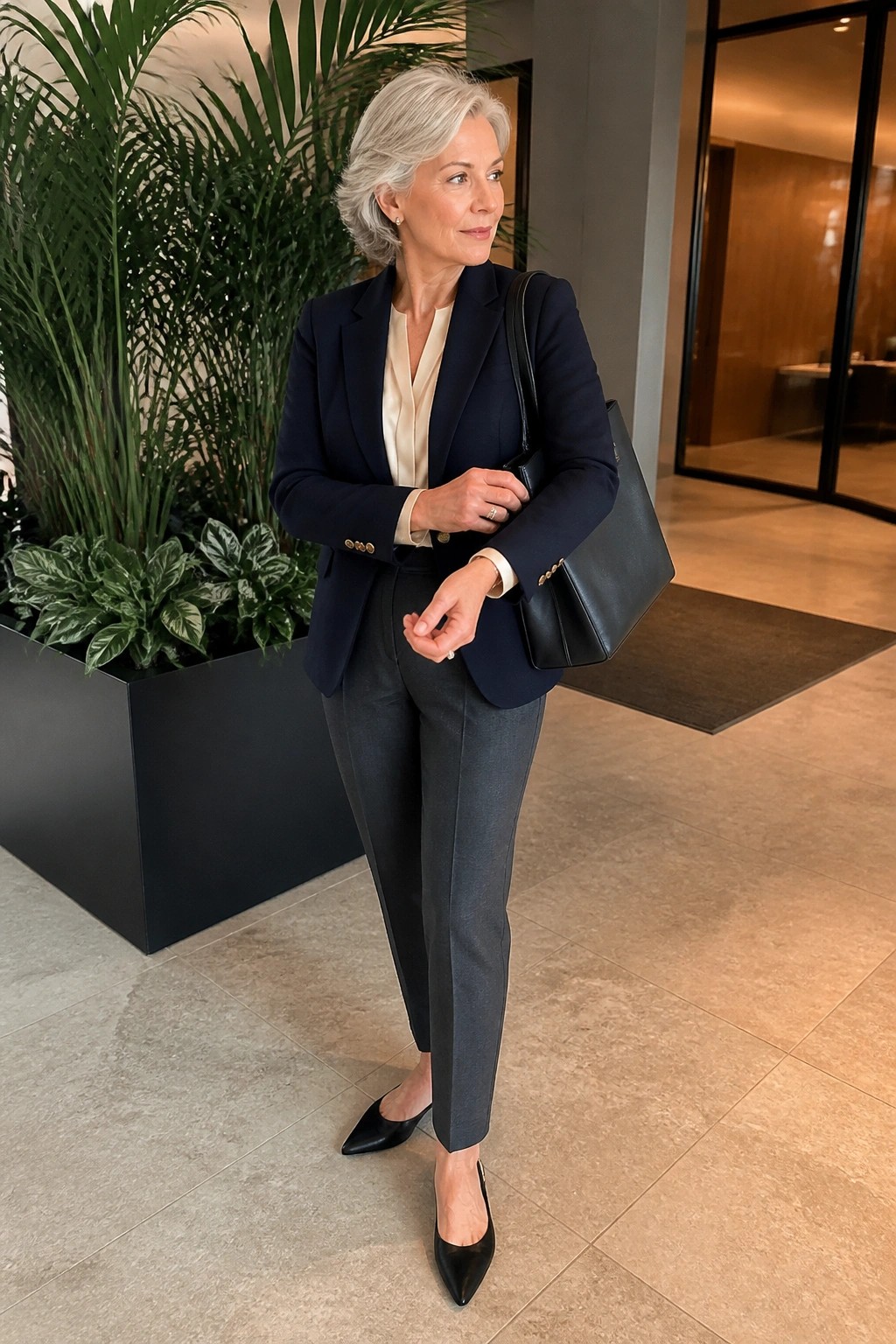 Gray-haired woman in navy blazer and gray pants holding black bag in lobby