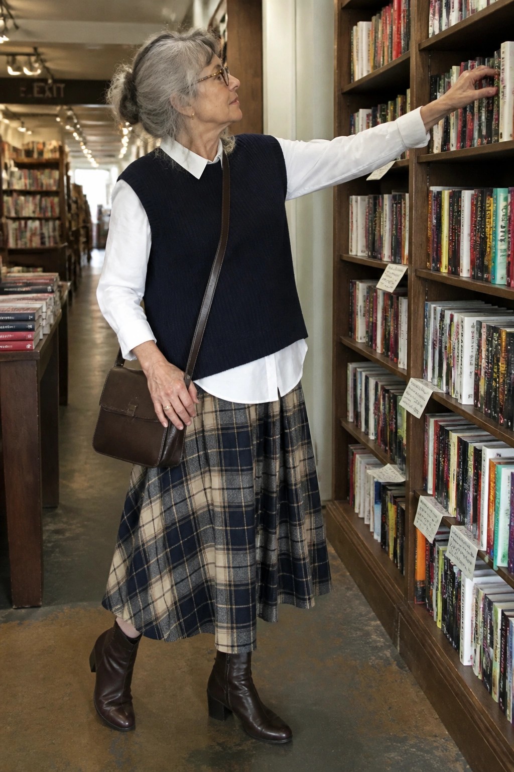 Elderly woman in navy vest and plaid skirt reaches for book on shelf.