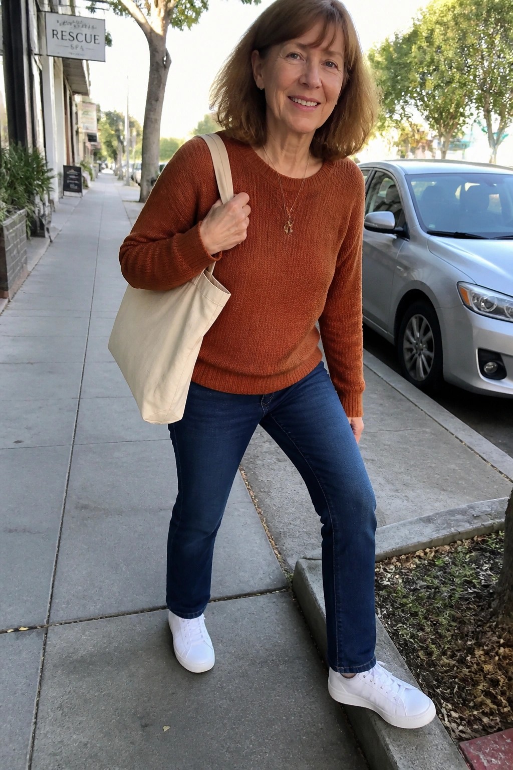 Woman in rust sweater with beige tote bag on sunny sidewalk