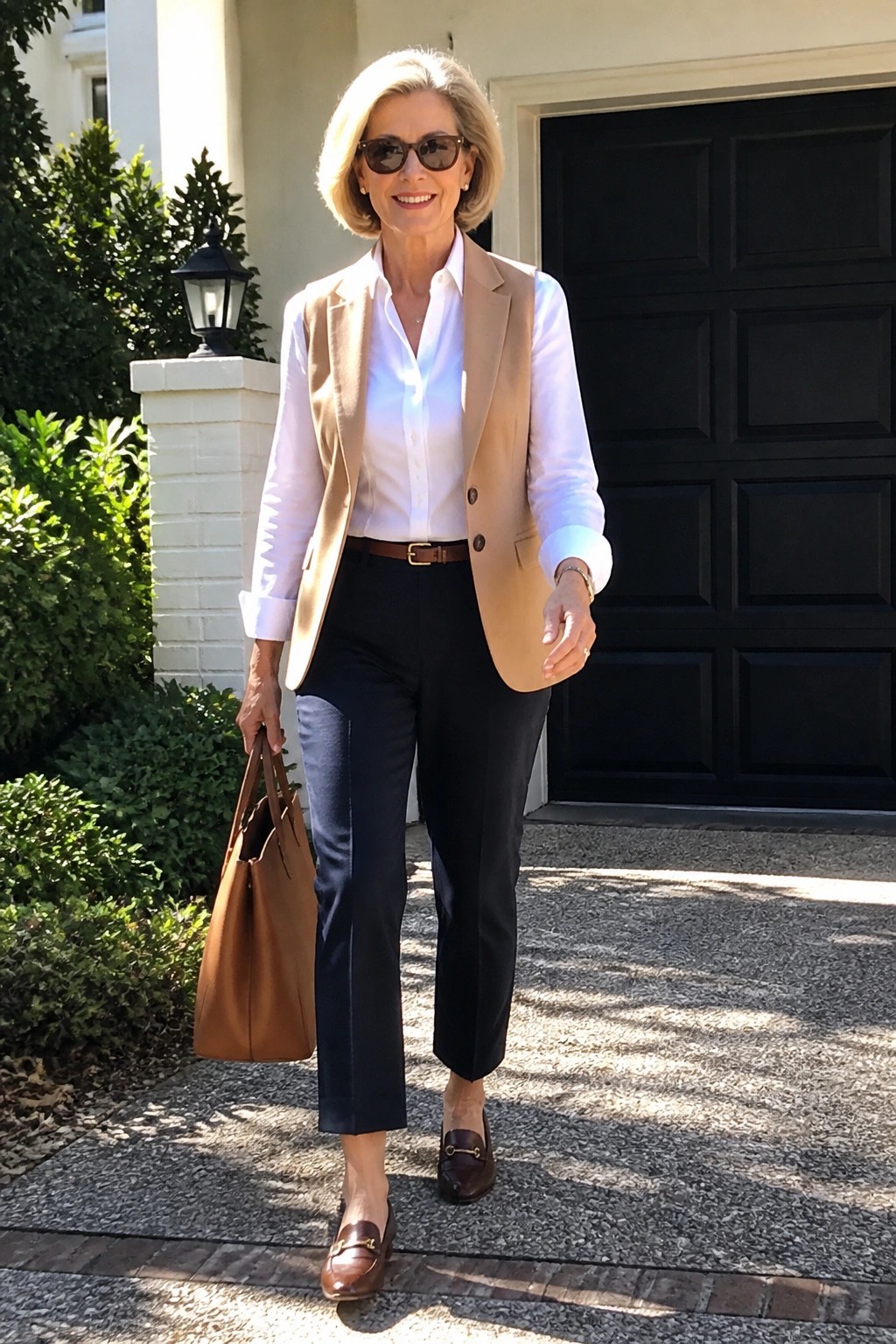Smiling blonde woman in tan vest and white shirt holding brown tote bag outdoors