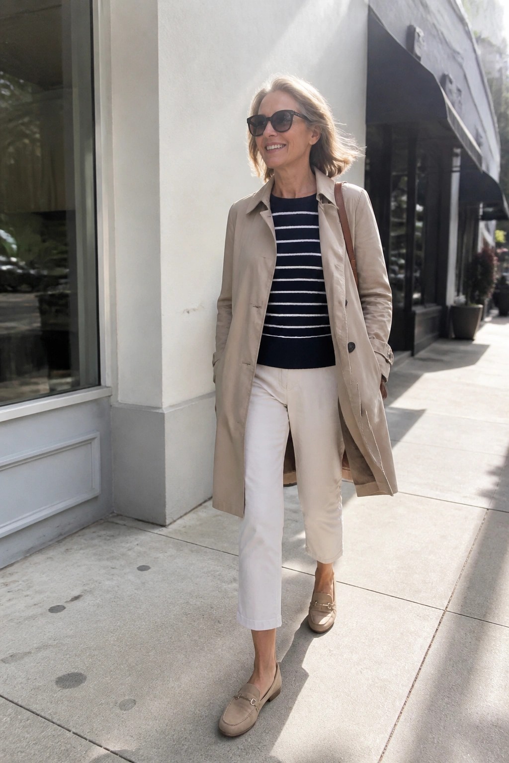 Woman in beige trench coat, striped sweater, white pants on sunny sidewalk