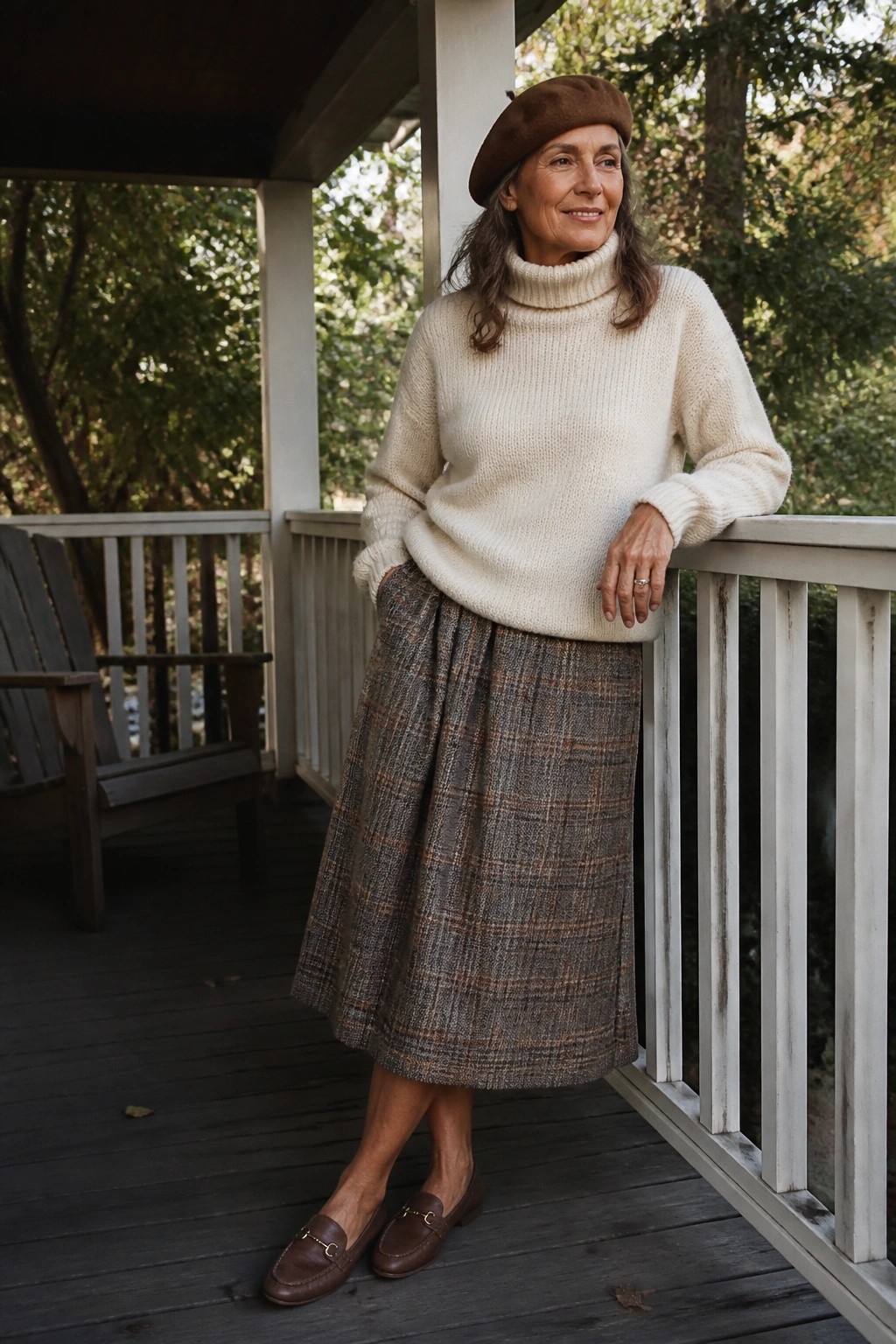 Older woman in cream turtleneck, plaid skirt, and brown beret on porch.