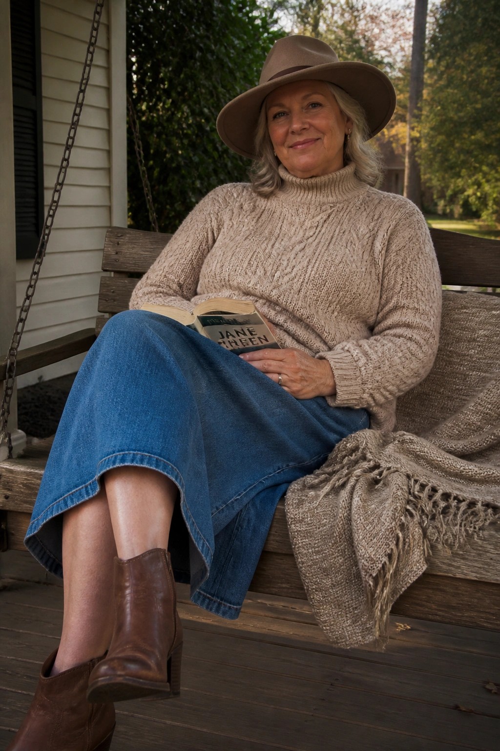 Elderly woman in hat and sweater reads Jane Eyre on wooden porch swing.