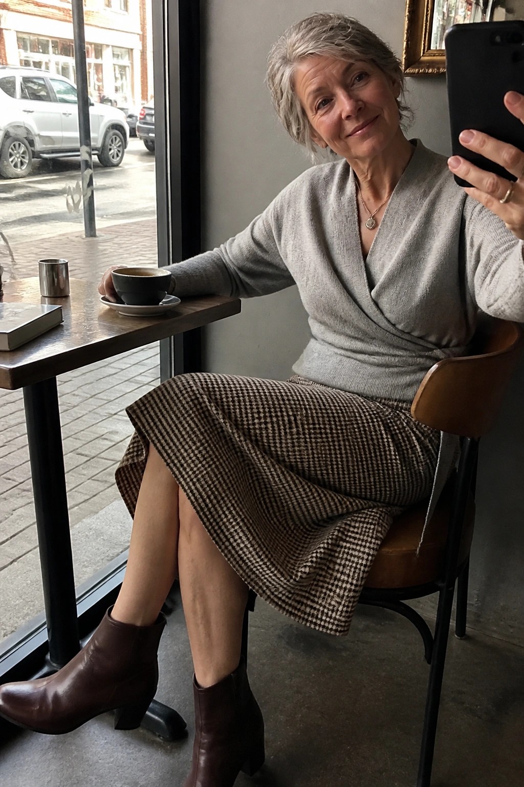 Woman over 60 wearing a gray wrap sweater with a brown houndstooth midi skirt and brown ankle boots while seated at a cafe table.