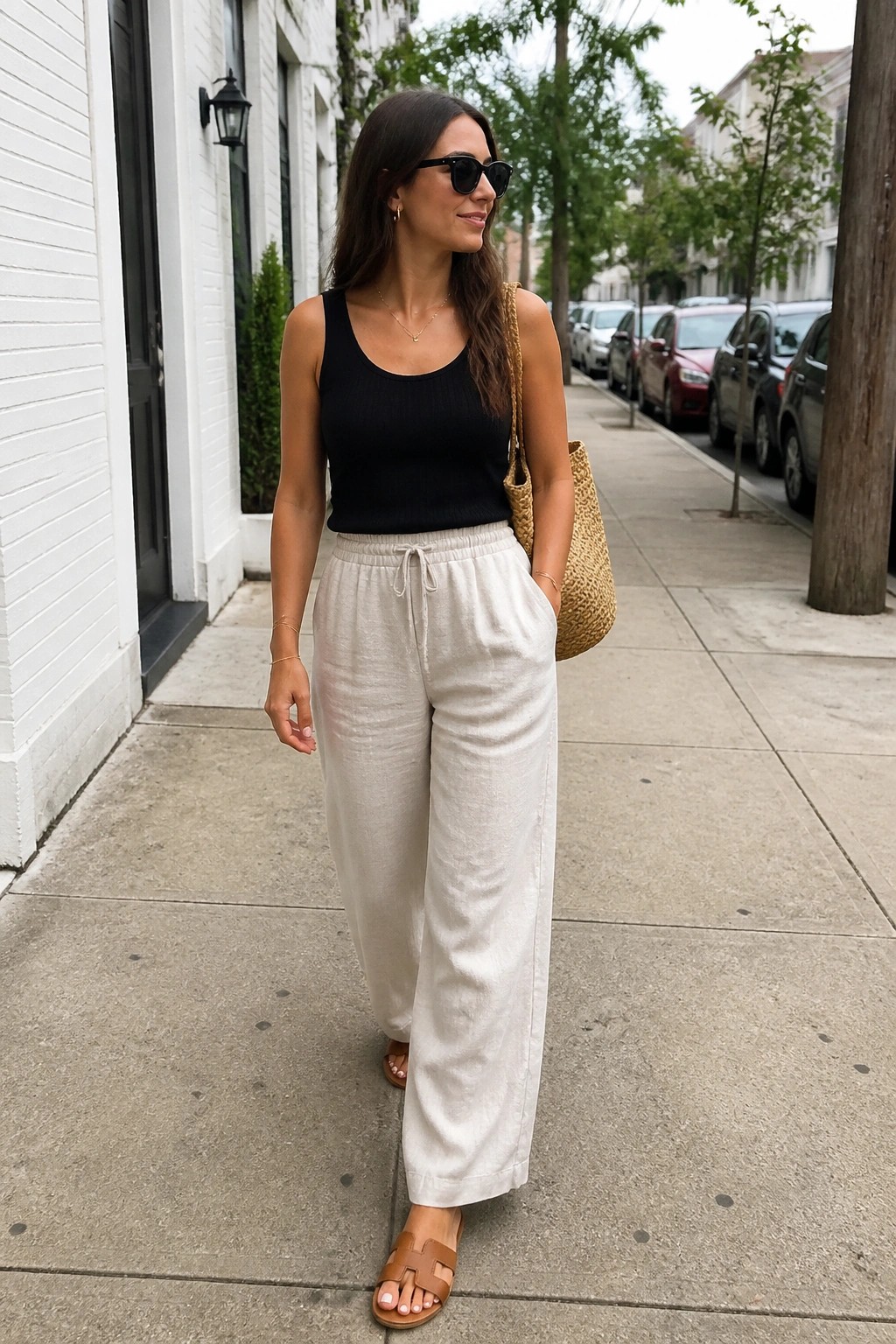 Woman in black tank top and white wide-leg pants with straw bag on sidewalk