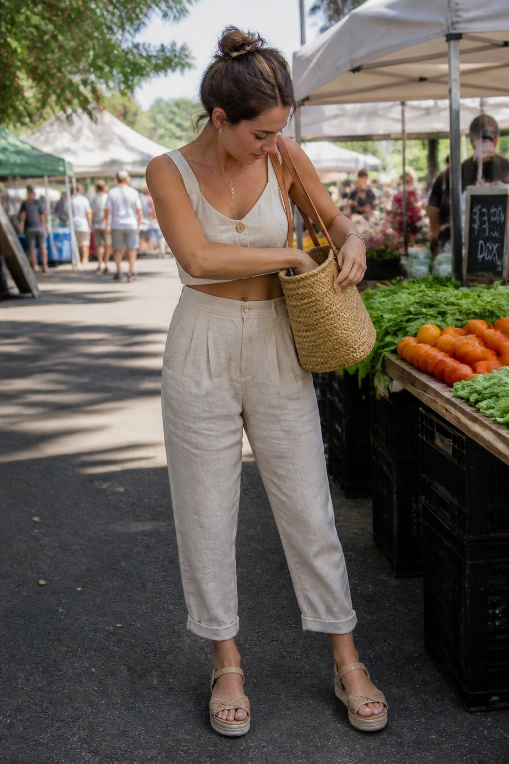 Woman wearing a beige linen crop top and matching high-waisted cuffed trousers with a woven straw shoulder bag and platform espadrille sandals.