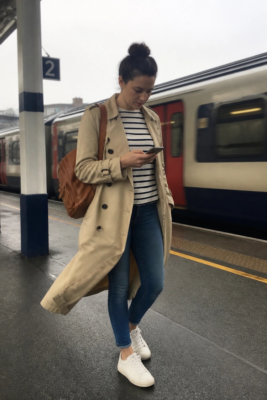 Woman in beige trench coat over striped top and blue jeans paired with white sneakers and brown leather bag.