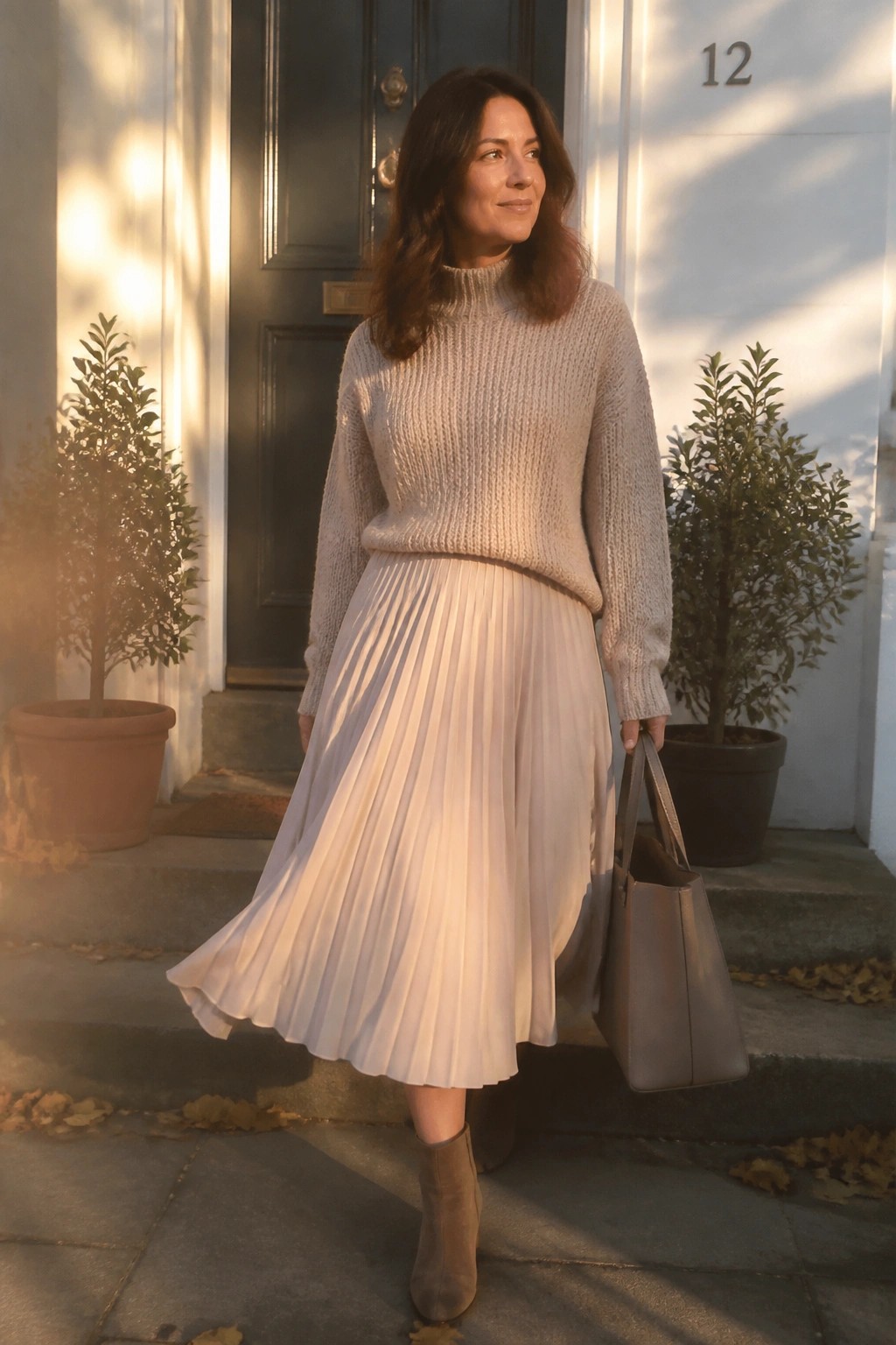 Woman in beige knit sweater and pleated skirt holding leather tote by door