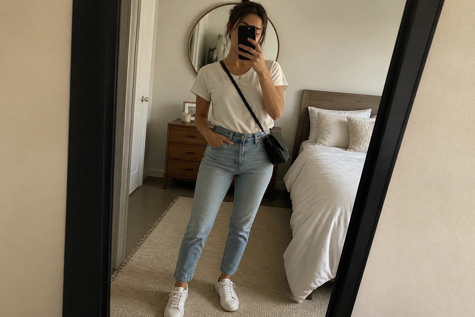 Woman in white t-shirt and light blue jeans taking mirror selfie in bedroom