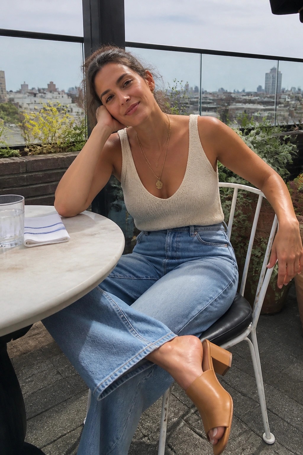 Woman seated at a table wearing a beige knit V-neck tank top, blue wide-leg jeans, brown heeled mules, and layered gold necklaces.