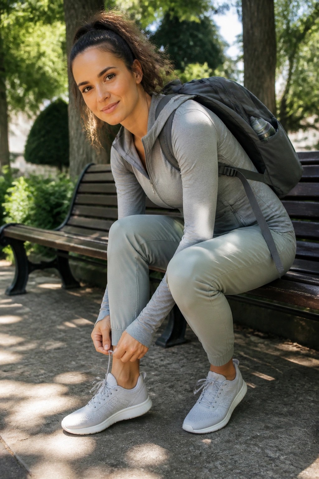 Woman wearing light gray zip hoodie and matching jogger pants with white sneakers and gray backpack while tying shoe laces on a park bench.