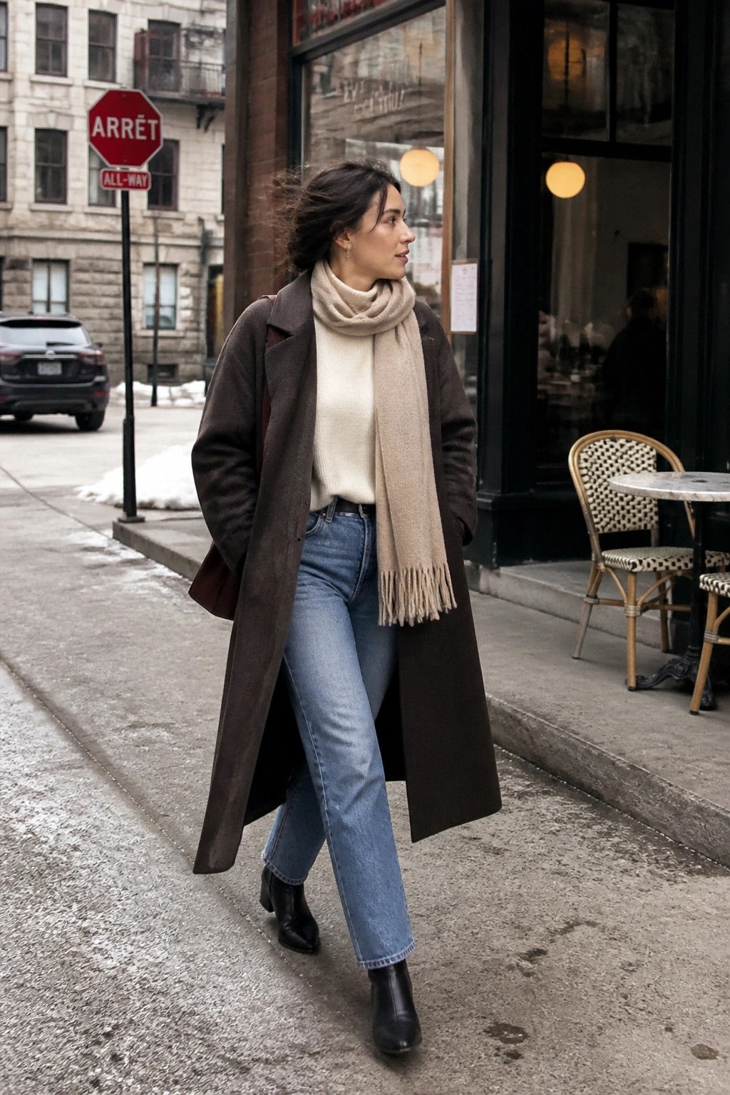 Woman in brown coat, beige scarf, and jeans walking on city sidewalk