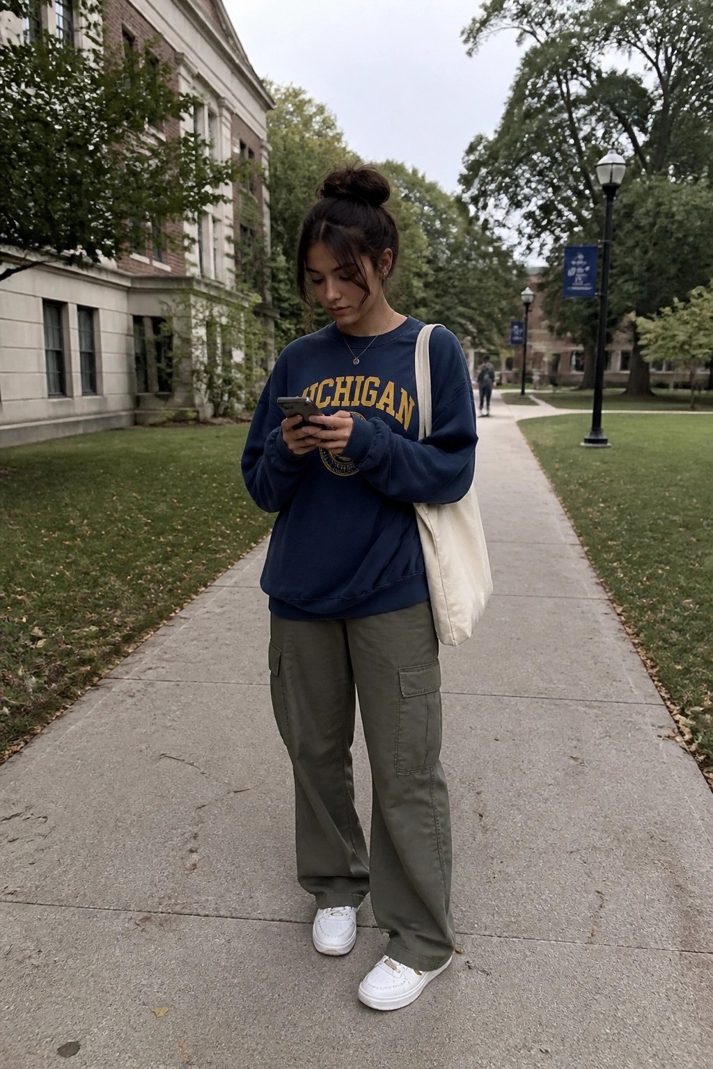 Woman in navy Michigan sweatshirt and olive cargo pants checks phone on campus path