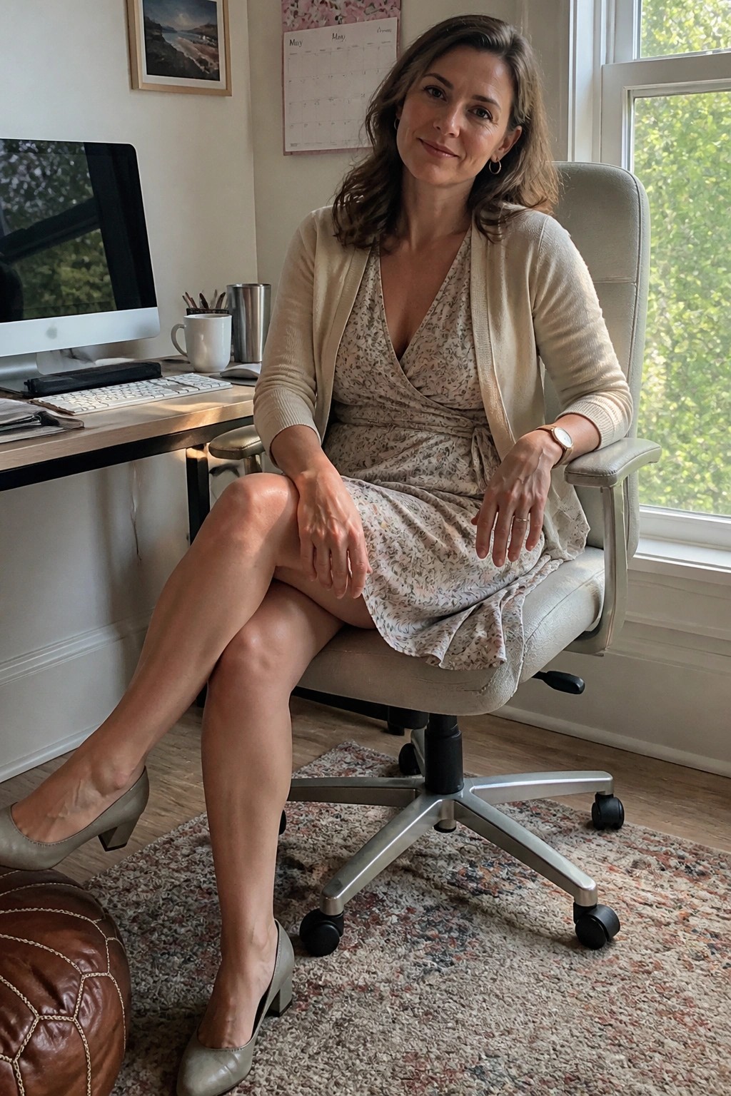Woman in floral wrap dress and beige cardigan seated in office chair by window