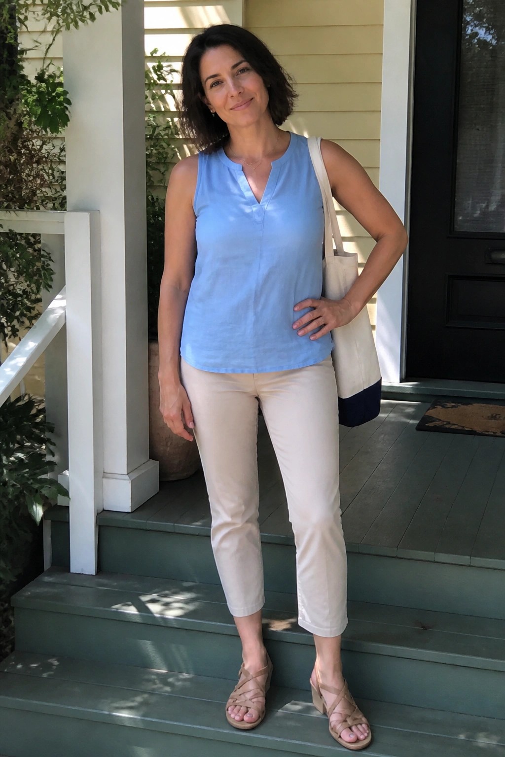 Woman wearing a light blue sleeveless linen top with beige cropped pants and strappy neutral sandals while carrying a canvas tote bag.