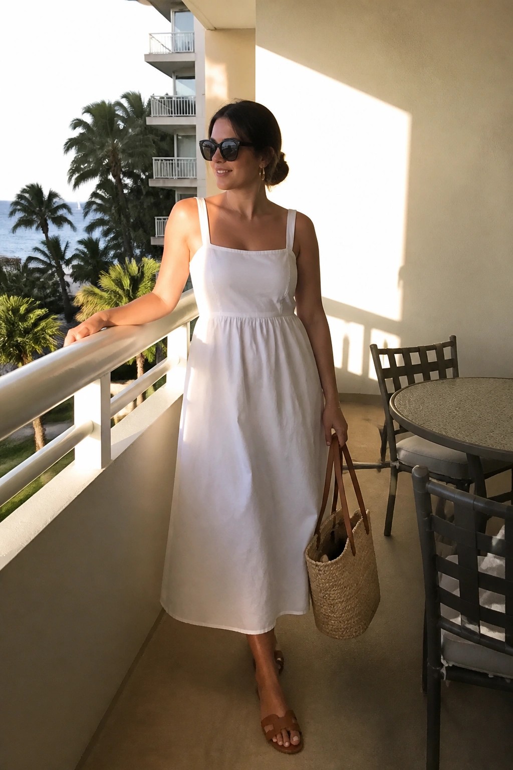 Woman in white dress holding straw tote on sunny ocean-view balcony with palms