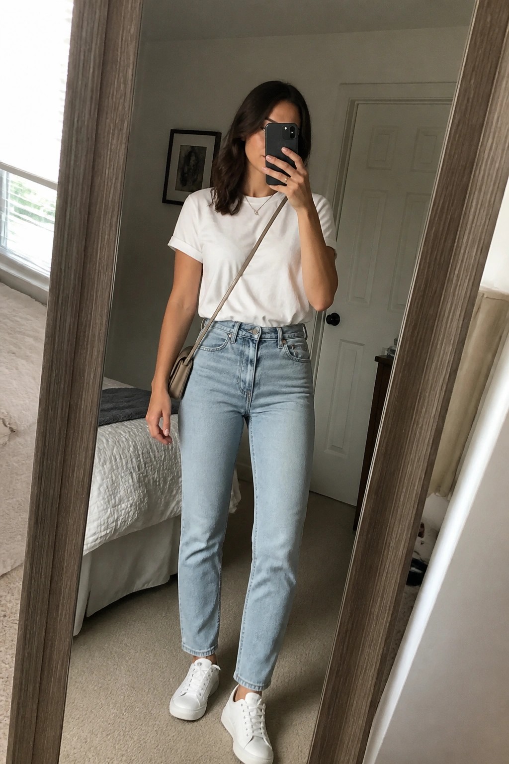 Woman in white t-shirt and light blue jeans taking mirror selfie in bedroom