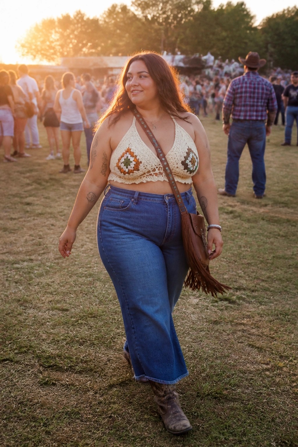 Curvy woman in crocheted halter top and jeans at sunset festival with crowd.