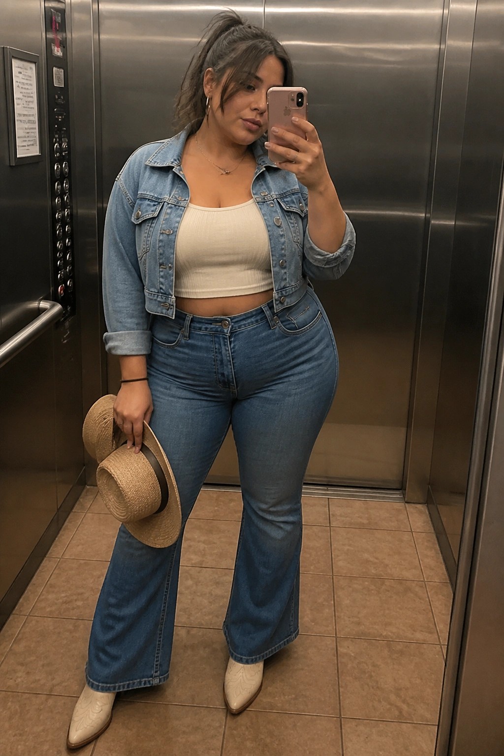 Plus size woman wearing a cropped light blue denim jacket over a white ribbed crop tank, paired with matching blue flared jeans, white cowboy boots, and holding a straw hat in an elevator setting.