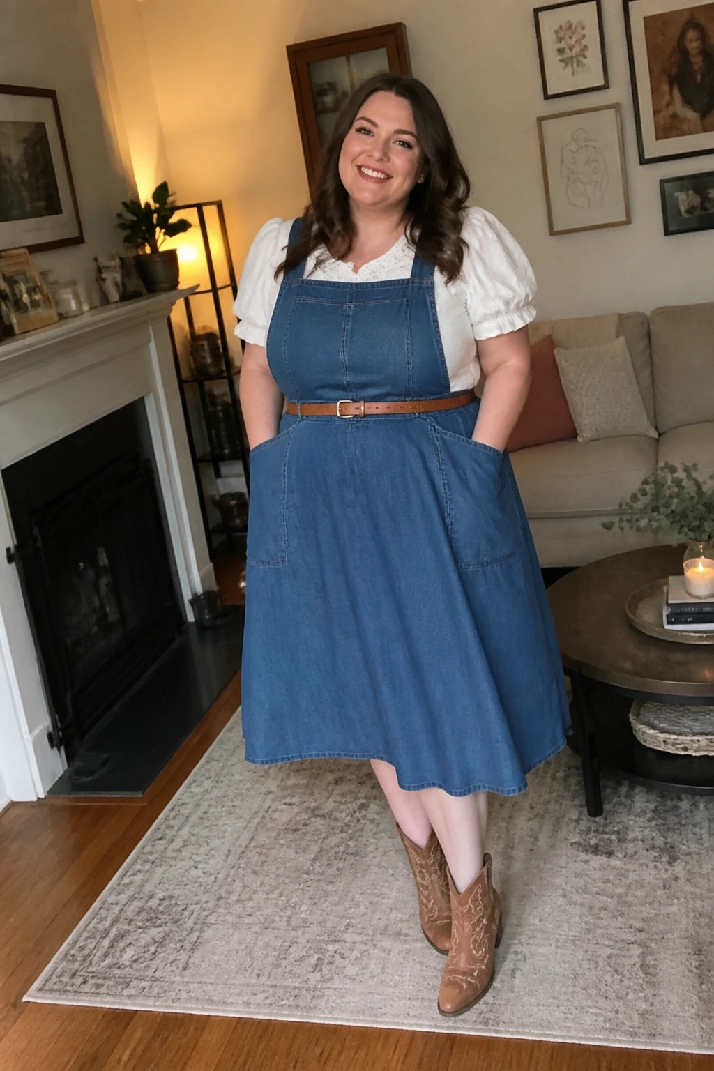 Woman in blue denim jumper dress, white blouse, and cowboy boots in living room