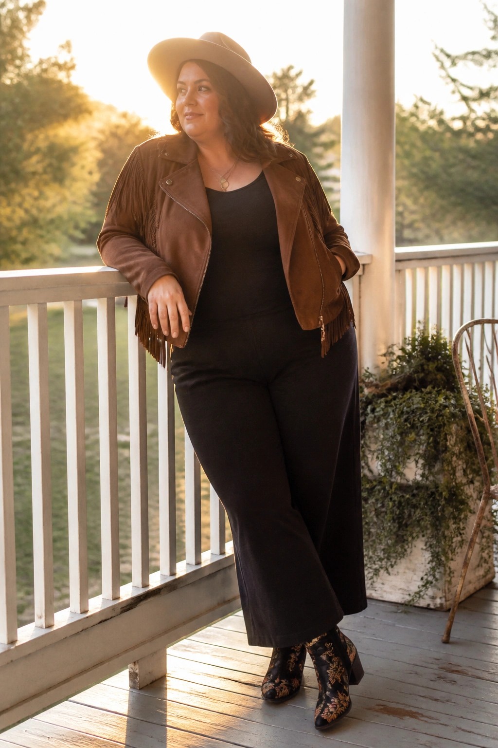 Woman in brown fringed jacket, hat, and floral boots on wooden porch at sunset