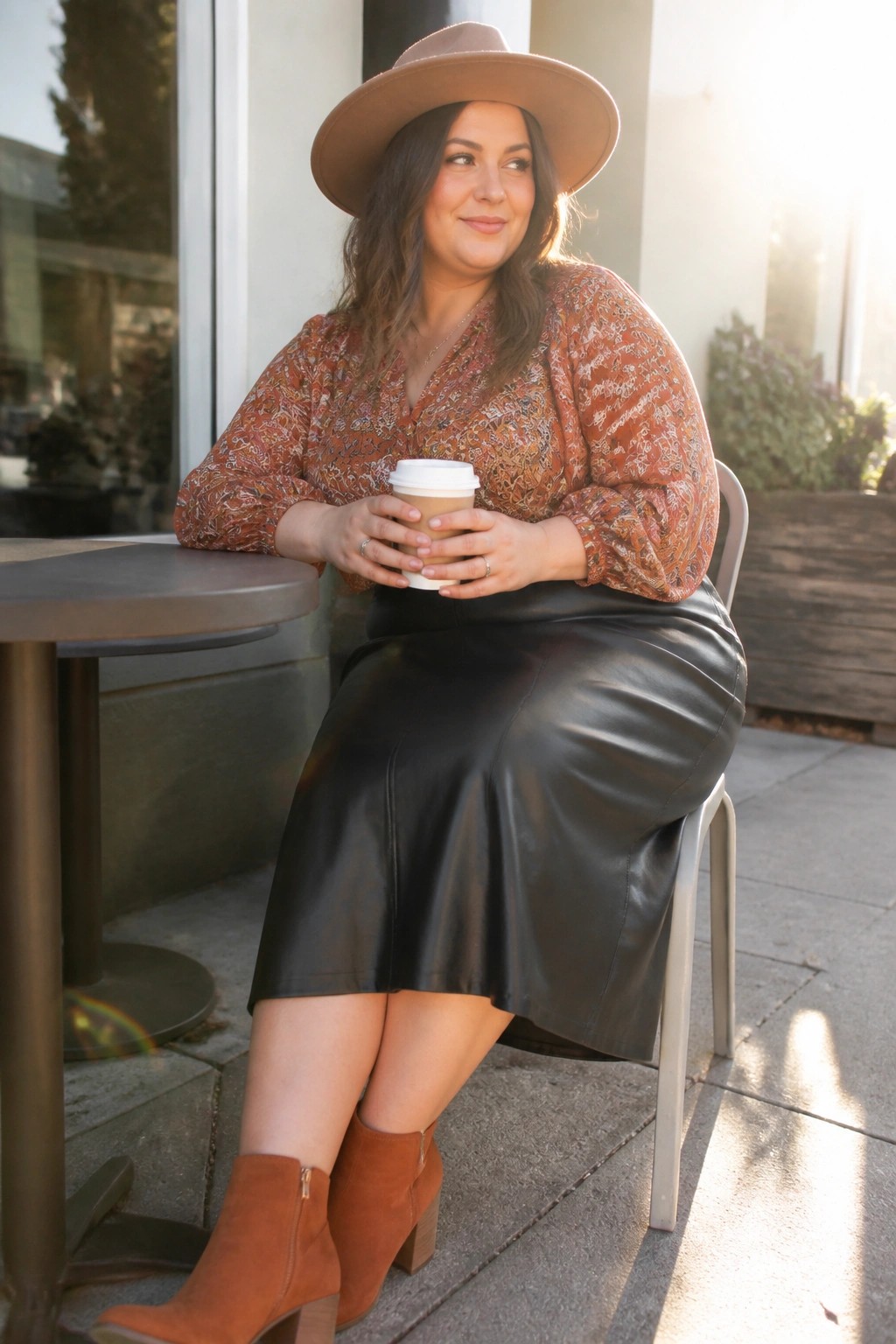 Plus size woman wearing a rust patterned blouse tucked into a black leather midi skirt with brown suede ankle boots and a wide brim brown hat while holding a coffee cup.