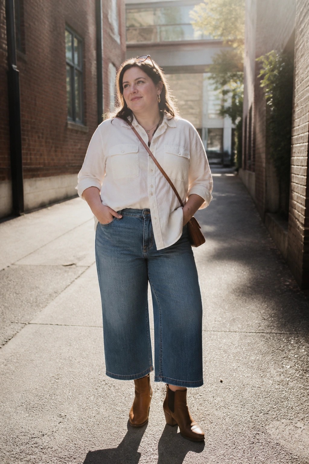 Woman in cream shirt and blue wide-leg jeans standing in sunny brick alley