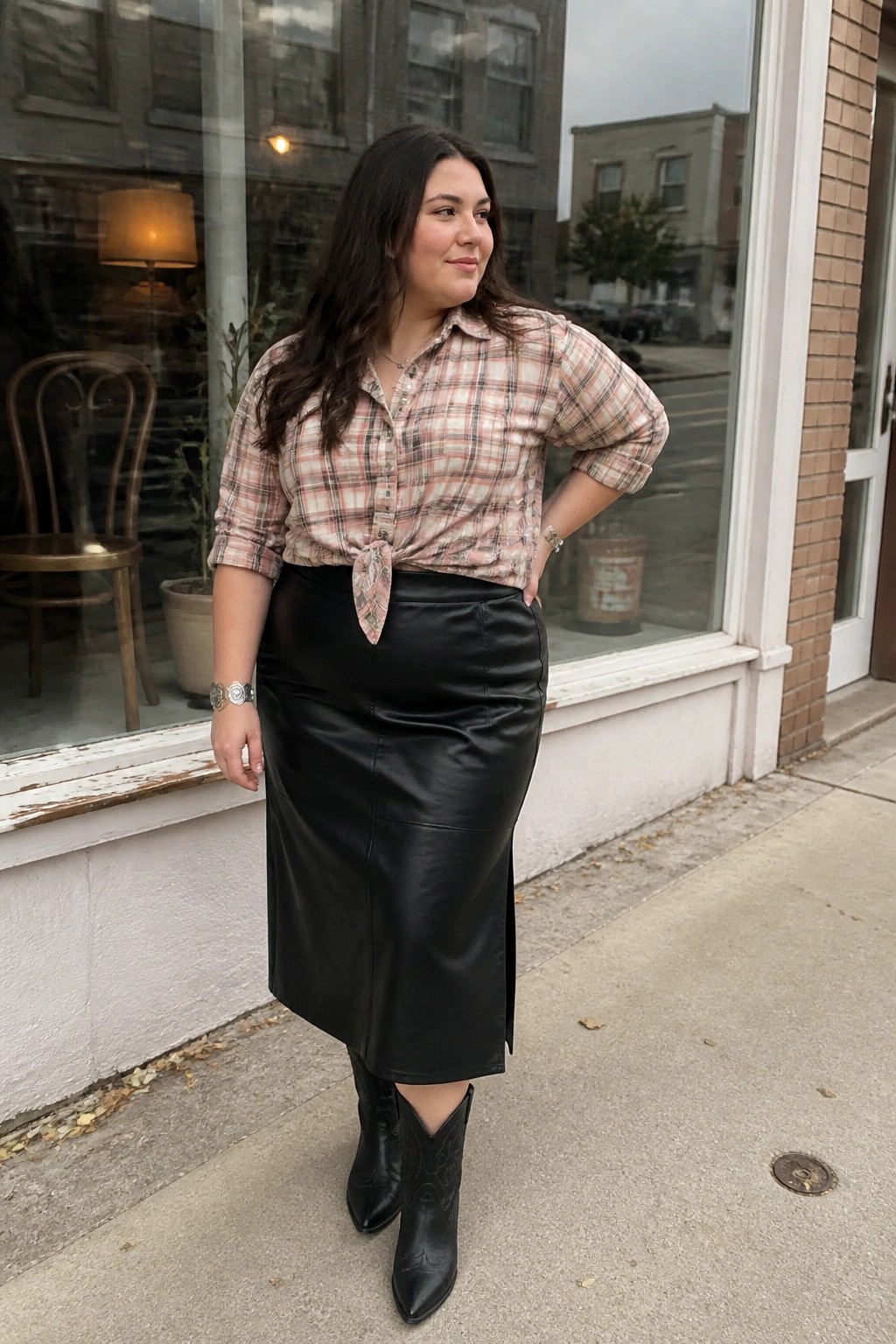 Plus-size woman in tied plaid shirt, black leather skirt, and cowboy boots on sidewalk
