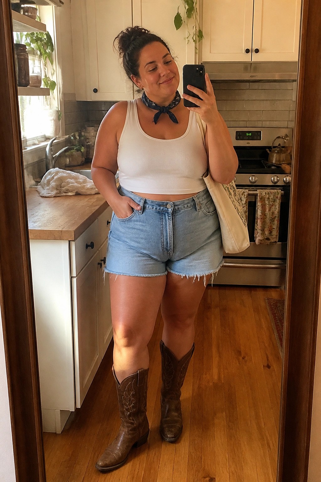 Plus size woman wearing a white cropped tank top, light blue denim shorts with frayed hems, brown cowboy boots, and a blue bandana tied at the neck while holding a tote bag.