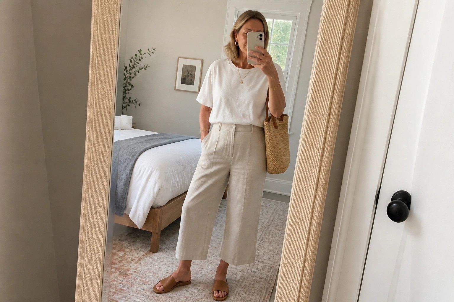 Blonde woman in white t-shirt and beige wide-leg linen pants taking mirror selfie.