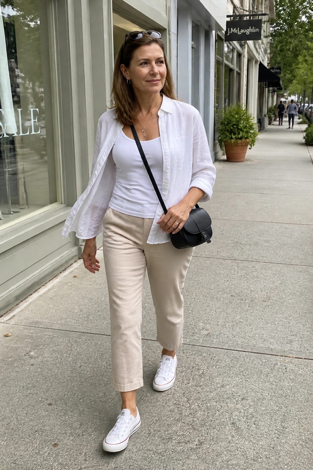 Woman in white shirt and beige pants walking on sidewalk with black bag