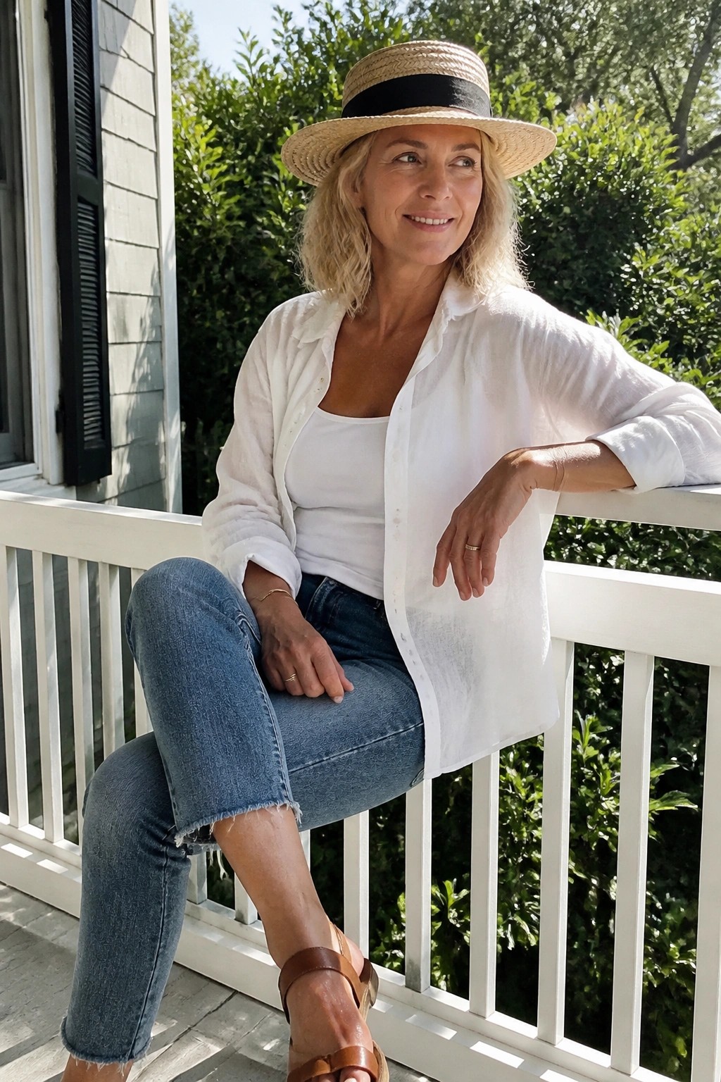 Woman over 50 in open white linen button-up shirt over white tank top, blue cropped frayed jeans, brown sandals, and straw hat with black band, seated casually on a porch railing.